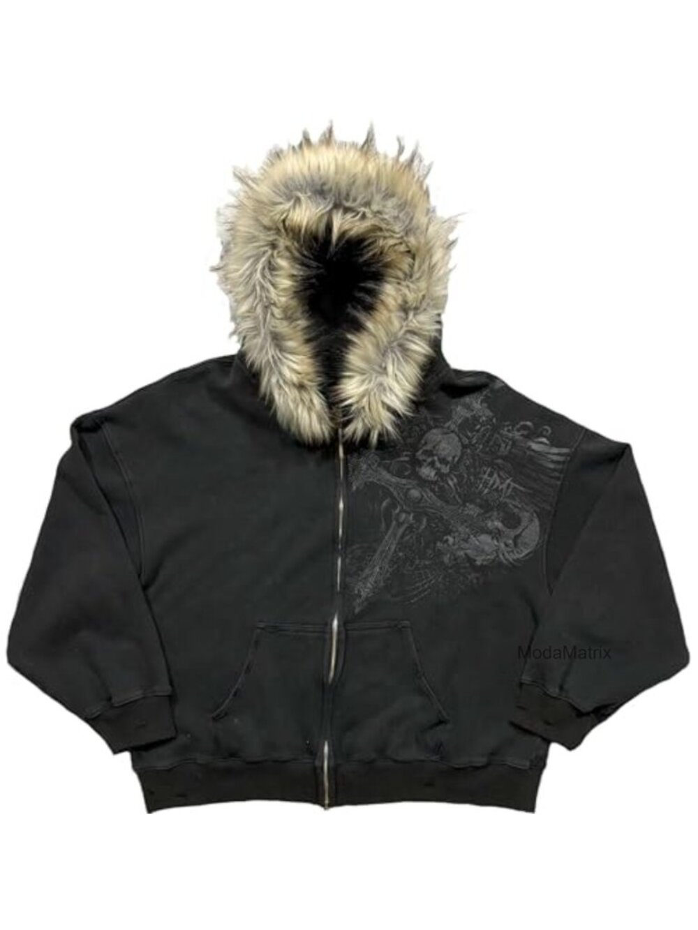 Therian Fur Hood Jacket Y2K Goth Zip Up Oversized Graphic Sweatshirt Emo Grunge